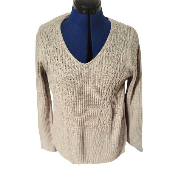 ST JOHN'S BAY Womens Beige Cable Knit V-Neck Sweater Size L lightweight‎ c - Picture 1 of 6